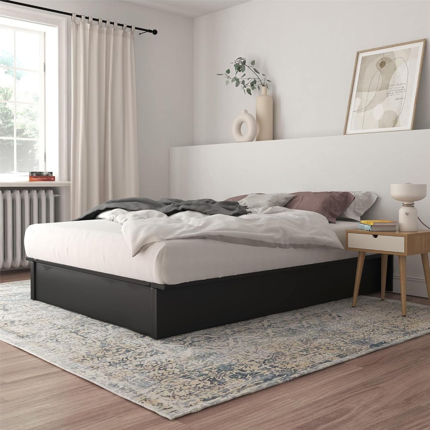 Cama de Plataforma Estofada com 28 cm de Altura para Suporte Elevado de Colchão, Não Necessita de Box Spring, Queen, Couro Sintético Preto