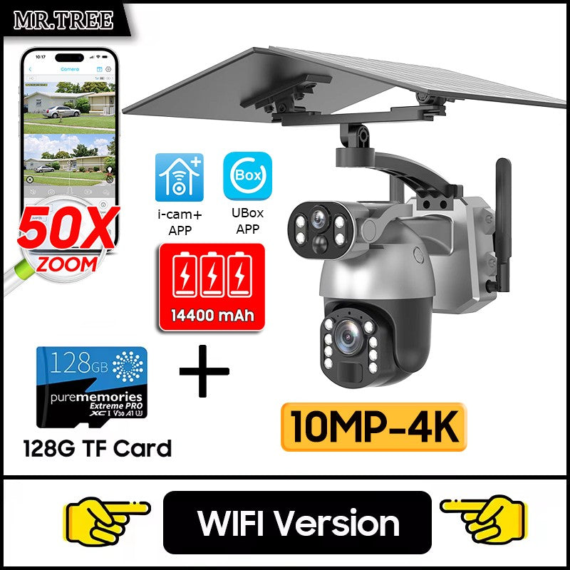 50XZOOM Solar Camera 4G SIM/WiFi Dual Lens Outdoor Security Camera with Night Vision,Waterproof Wireless Surveillance for Garden