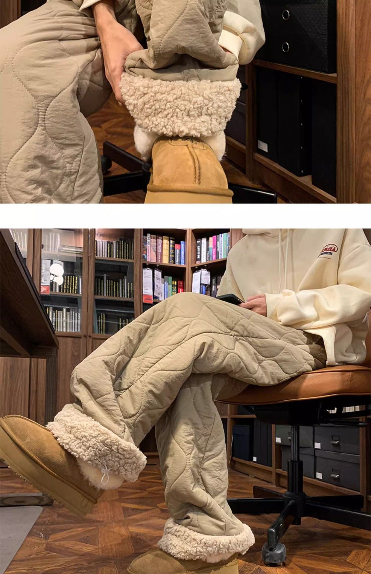 Heavy Winter Cotton Waterproof Splicing Lamb Fleece Cotton Pants for Men and Women, Solid Color Diamond Grid Embroidered Clip Co