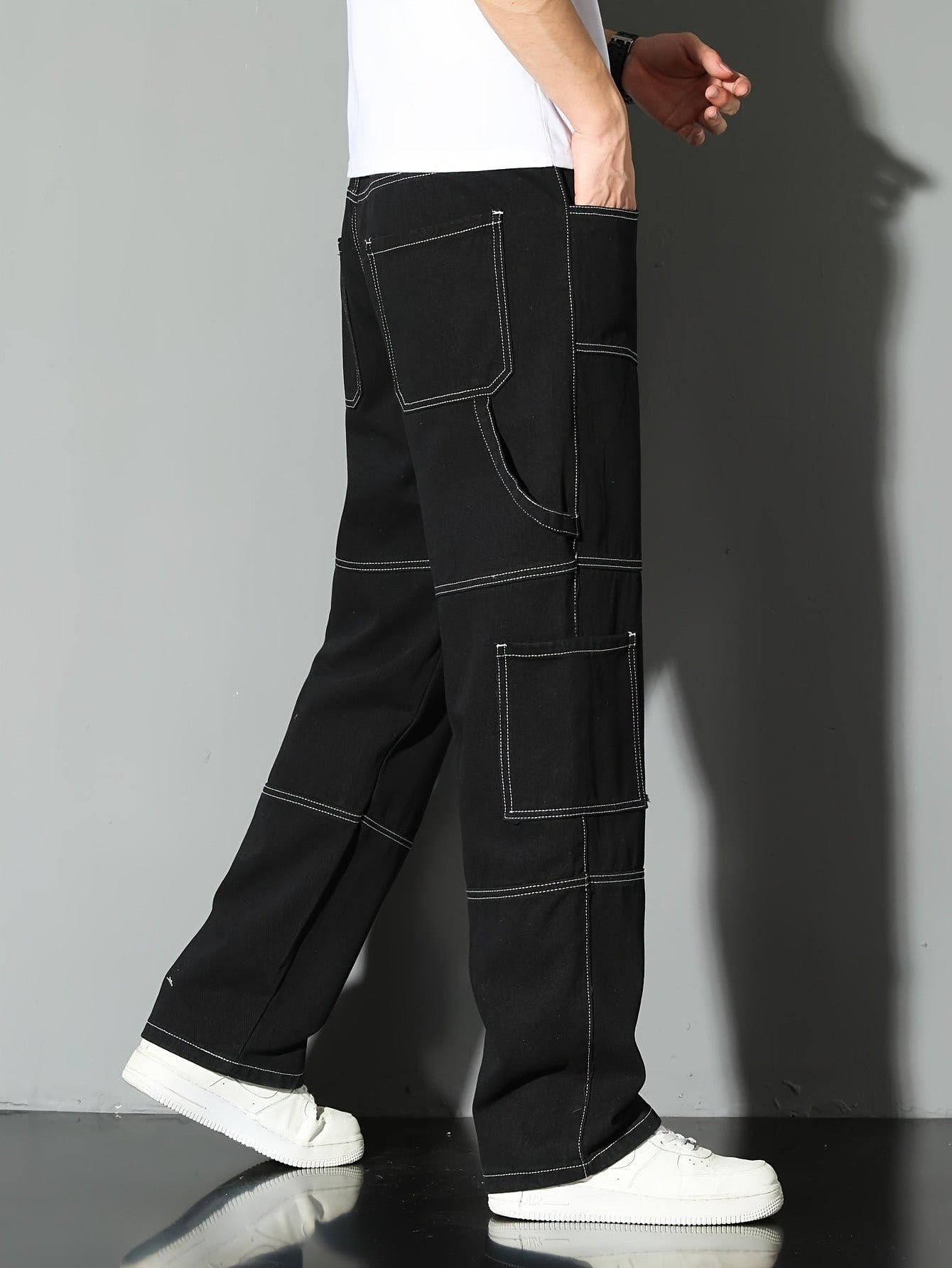 Calça jeans masculina estilo workwear, calça jeans, pernas retas e largas, estilo para todas as estações, lavada com múltiplos bolsos