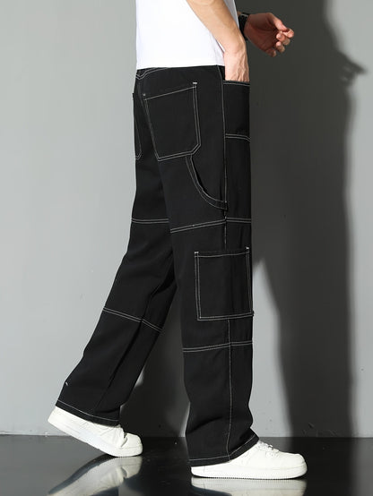 Calça jeans masculina estilo workwear, calça jeans, pernas retas e largas, estilo para todas as estações, lavada com múltiplos bolsos