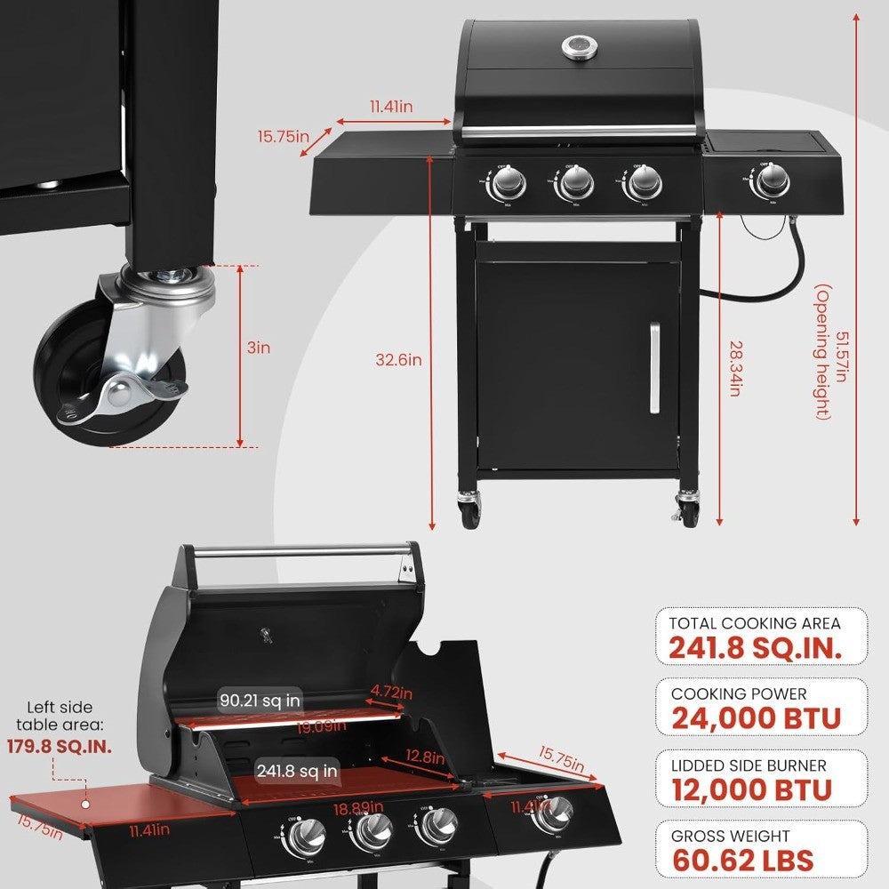 3-Burner w/Side Burner Gas Grill with 241 SQ.IN. Outdoor Grill with 36,000 BTU, Propane Grills with Top Cover Lid