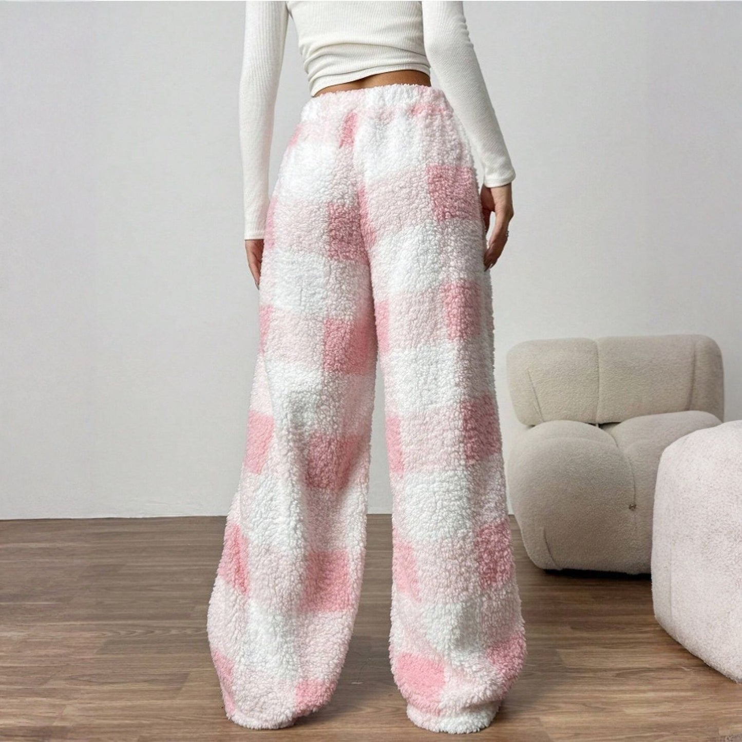Christmas Elastic Waist Long Pants Women Trousers Wide leg Casual Female Belt Plaid Loose Ankle-Length Home Pants 2YK Pajama
