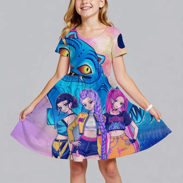 Summer Fashion Polyester Lightweight Cartoon Cute Huntrix Kpop Demon Hunters Printed Girl's Dress Short Sleeved Princess Dress