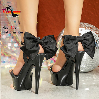 15CM Stiletto Runway Model Shoes 2024 New Summer Party Dress High Heels 5CM Platform Black Pole Dance Shoes Ladies Bow Sandals