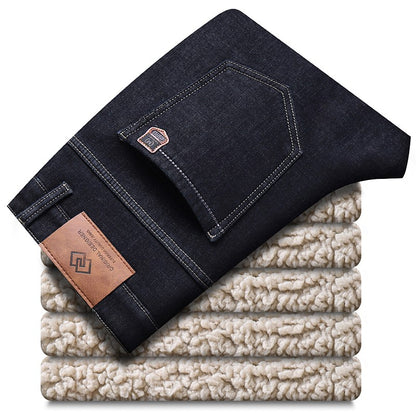 Calça Jeans Masculina de Inverno Forrada de Lã Grossa Sherpa Casual de Negócios Veludo Reta Masculina de Lã Pelúcia Clássica Elástica