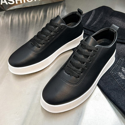 Fashion Thick Sole Black White Soft Men Leather Shoes Platform Men Casual Board Shoes Walking Sport Shoes Lightweight Work Shoes