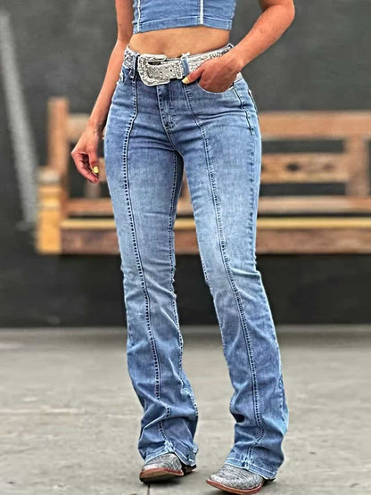 Women's Vintage Distressed Line Flared Jeans, Slim Fit, Mid Rise, Stretchable, Casual, Washed Denim Bell Bottoms