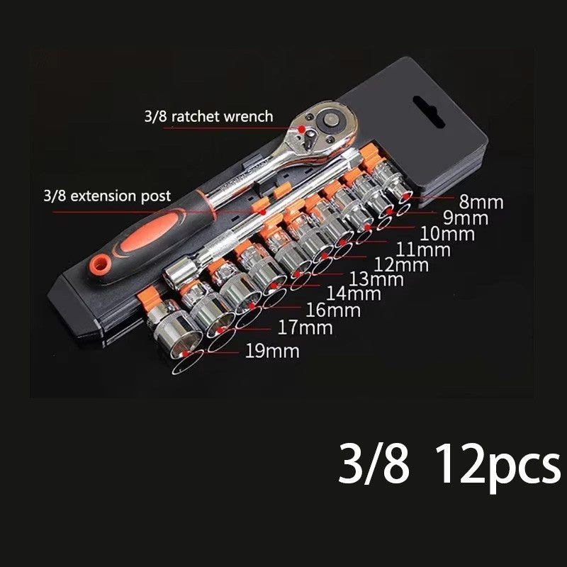 Conjunto de 12 peças de chaves de soquete e catraca, tamanhos 1/4, 3/8, 1/2, kit de ferramentas com haste de extensão e 10 conjuntos de reparos comuns