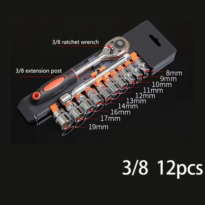 Conjunto de 12 peças de chaves de soquete e catraca, tamanhos 1/4, 3/8, 1/2, kit de ferramentas com haste de extensão e 10 conjuntos de reparos comuns