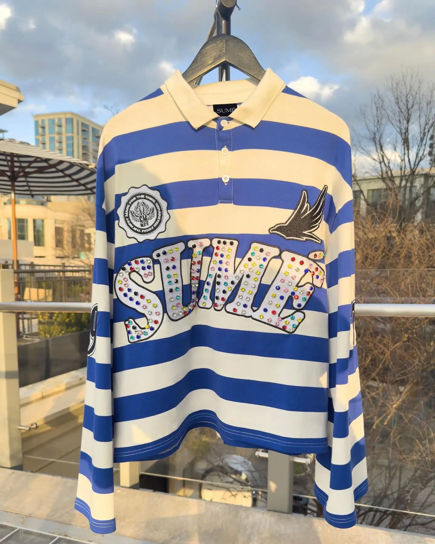 New Sume Gem Stone Embroidery Rugbys Long Sleeved T-shirt Men Women Harajuku Hip Hop Stripe Polo Shirt Classics Lapel Neck Shirt