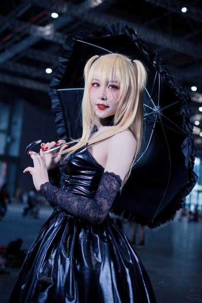 Death Note Cosplay Costume Misa Amane Imitation Leather Sexy Dress +Neck jewelry+stockings+necklace Uniform Outfit Halloween Wig
