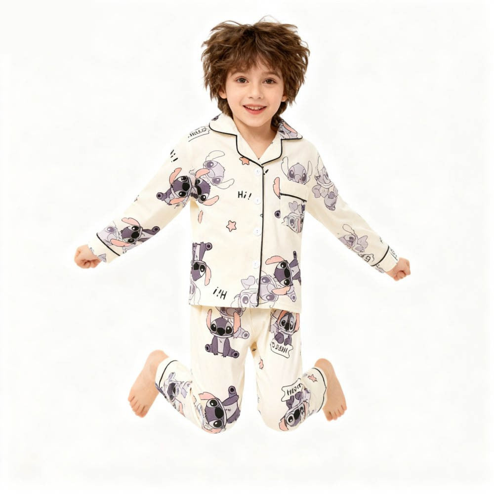 2pcs Stitch Print Kids Pajama Set for Boys and Girls Long Sleeve Top & Pants Set Stitch Lilo Comfy Set Button Down Loungewear