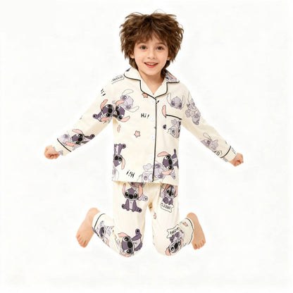 2pcs Stitch Print Kids Pajama Set for Boys and Girls Long Sleeve Top & Pants Set Stitch Lilo Comfy Set Button Down Loungewear