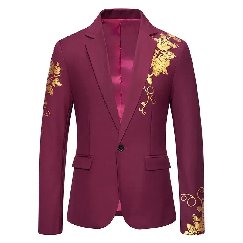 2024 New Men Business Social Suit Loose Jacket Black / White / Royal Blue Fashion Male Wedding Prom Party Rose Printed Blazers