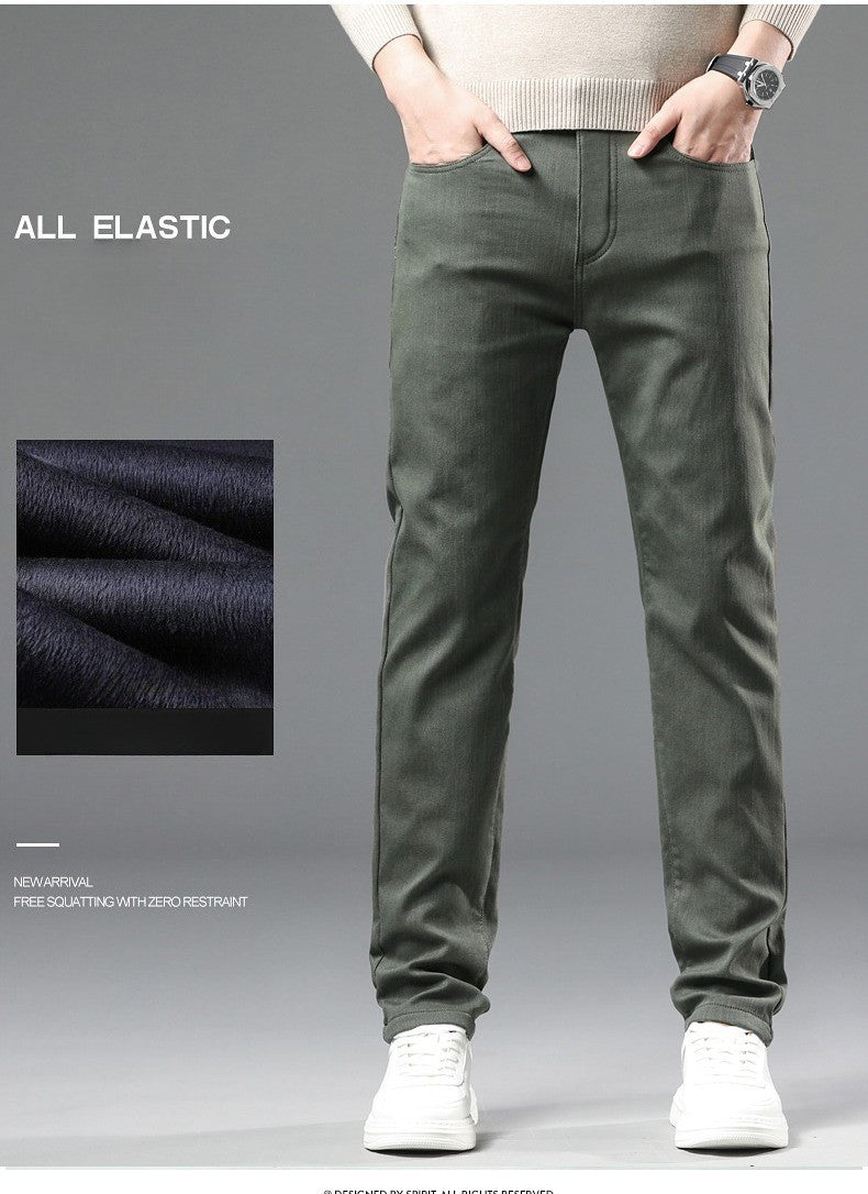Fleece Pants Men's Winter Thick Slim Elastic Business Casual Velvet Pants Warm Fashion Solid Color Plush Trousers Male