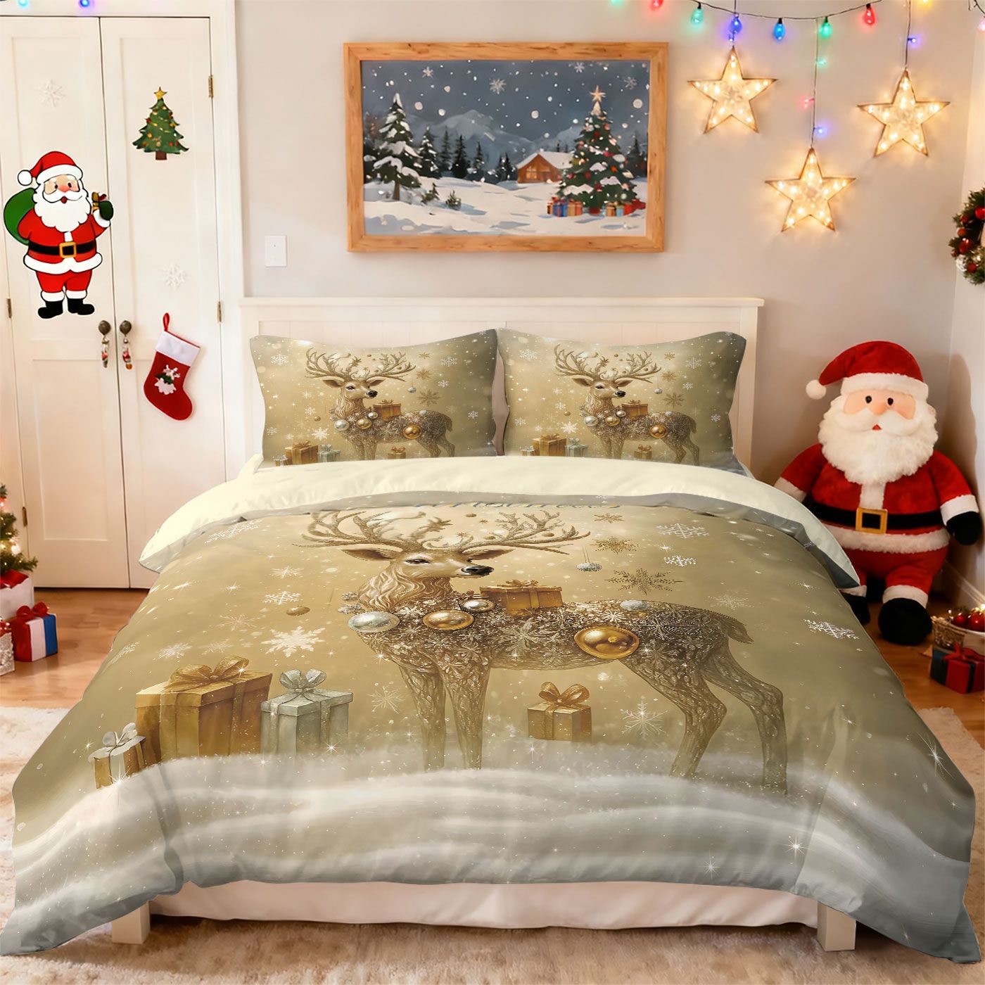 Conjunto de edredom sem enchimento 3 peças com estampa de cervo dourado de Natal, vários tamanhos, roupa de cama para quarto, decoração de feriado, macio e lavável à máquina