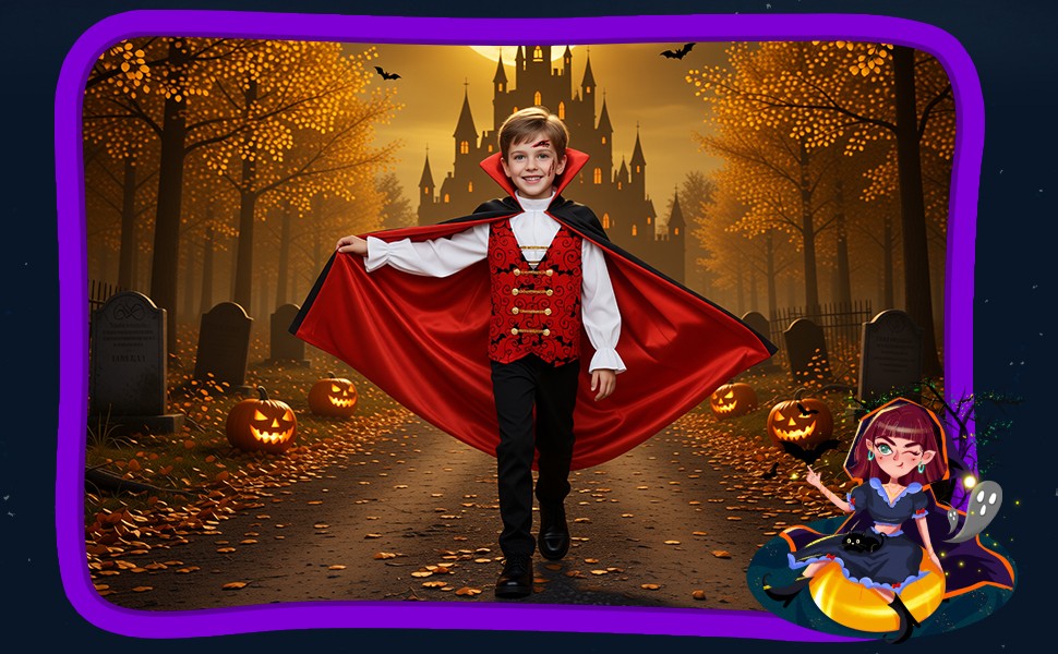 Kids Vampire Cosplay Costume for Boys Men Halloween Carnival Party Costumes with Walking Cane Stickers False Teeth