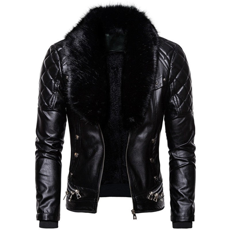 New Winter Fleece Motorcycle Leather Jacket Men Turn Down Fur Collar Slim Fit Warm PU Bomber Jackets Coats Mens Moto Biker Coat