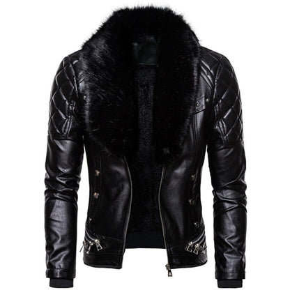 New Winter Fleece Motorcycle Leather Jacket Men Turn Down Fur Collar Slim Fit Warm PU Bomber Jackets Coats Mens Moto Biker Coat