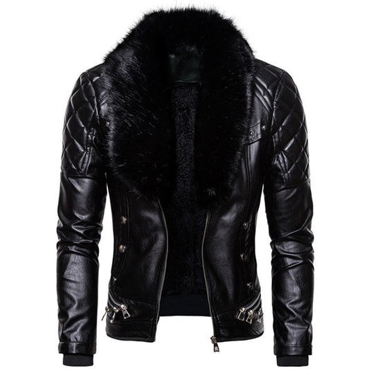 New Winter Fleece Motorcycle Leather Jacket Men Turn Down Fur Collar Slim Fit Warm PU Bomber Jackets Coats Mens Moto Biker Coat