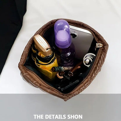 Cotton Filled Puffer Pouch Large Capacity PU Leather Puffer Padded Makeup Bag Sewn Korean Style Thick Plaid Clutch Bag Work