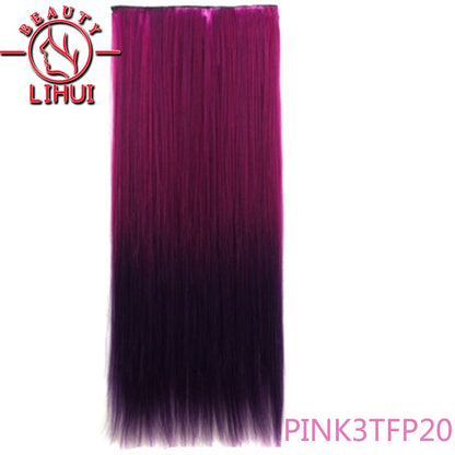 Extensões de cabelo sintéticas com clipe, longas e lisas, com 5 clipes em uma única peça, extensões de cabelo multicoloridas LIHUI
