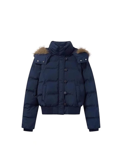 South District Fiona Women's Winter Jacket Navy Blue Cotton Short down Coat with Detachable Hood And Fur Collar