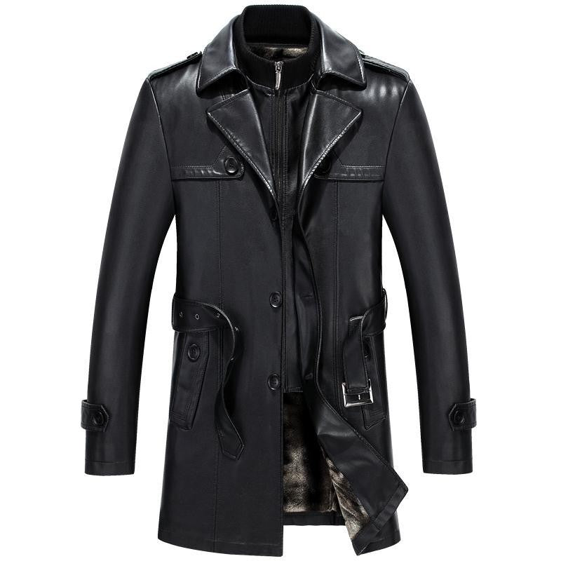 Fashion PU Leather Jacket Mid-length Fleece Thickened Windbreakers Suit Styles Large-sized Coats Overcoats Men's Slimming Trendy