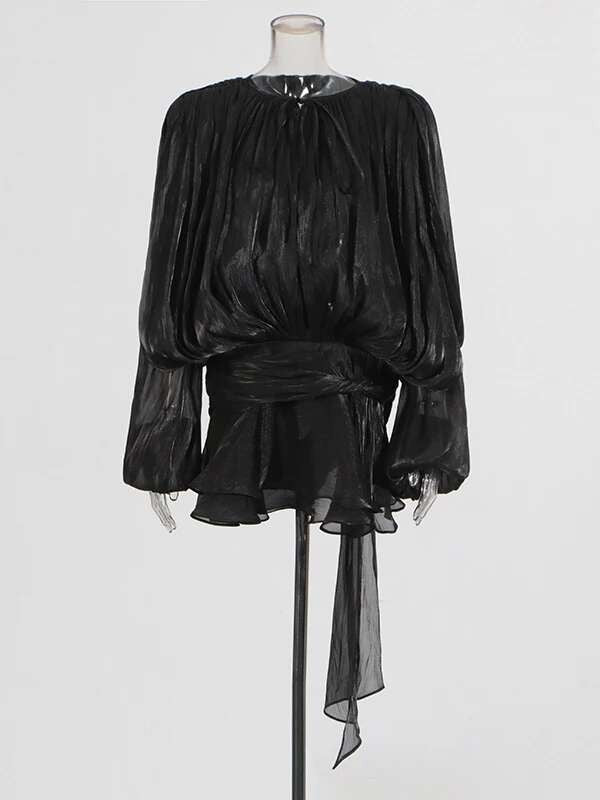 TWOTWINSTYLE Solid Blouse Mini Dresses For Women V Neck Long Sleeve Spliced Lace