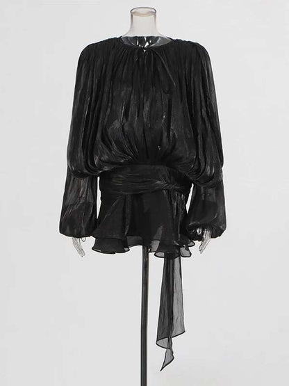TWOTWINSTYLE Solid Blouse Mini Dresses For Women V Neck Long Sleeve Spliced Lace