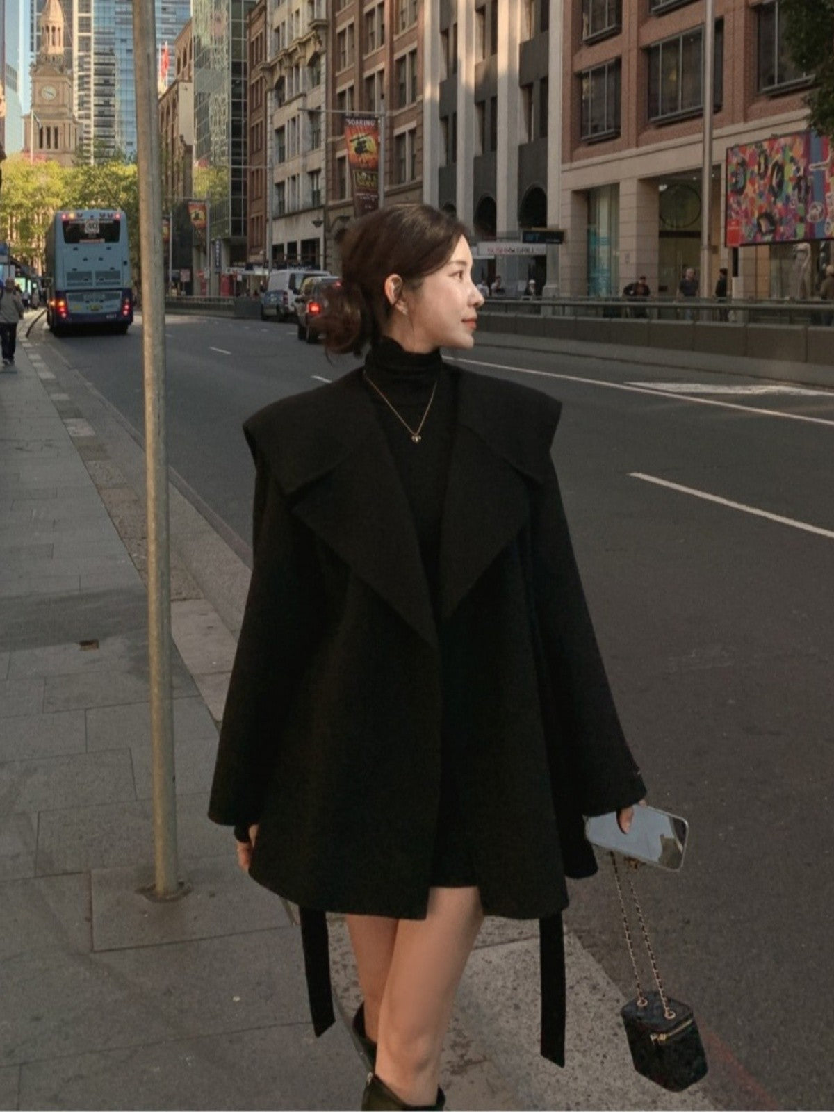 Winter Woolen Coat Women Chic Navy Collar Belted Waist Cinched Midi Length Tweed Trendy Korean Sle Commute Long Sve