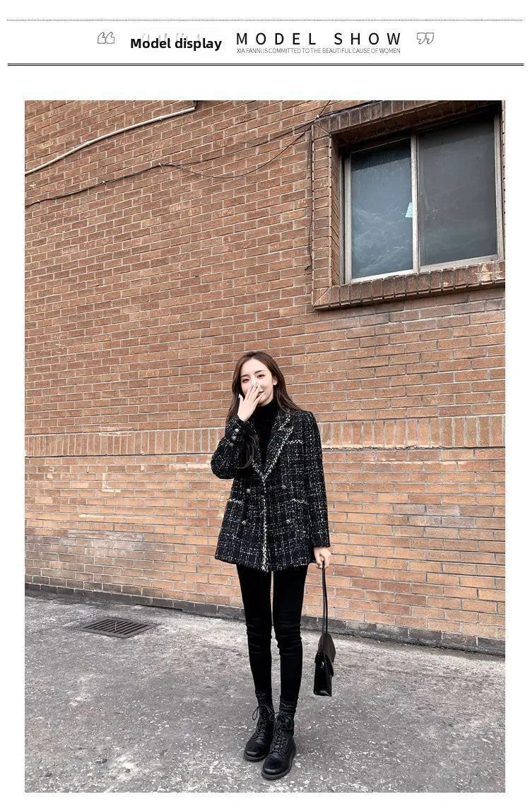 Thickened Cotton Tweed Coat for Women Spring Loose Plaid Outerwear Cozy Style Large Size Patchwork Small Suiting