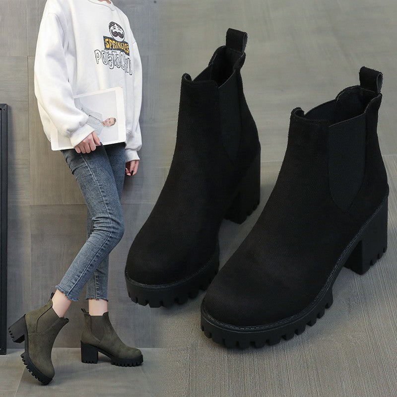 Autumn Women Suede Ankle Boots Fashion Metal Decoration Slimming Short Booties Autumn Winter Female Thick Heel Shoes D114
