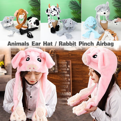Women Girls Soft Warm Moving Jumping Rabbit Pinch Airbag Animals Ear Hat Funny Cap Plush