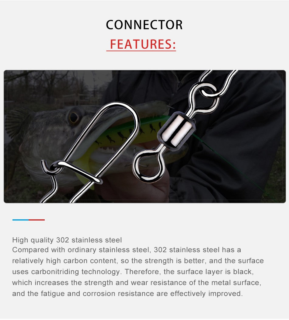 MEREDITH 50 PEÇAS Acessórios para Pesca de Lucio Conector Giratório de Rolamento Pino de Aço Inoxidável Snap Anzóis Isca Giradores Equipamento de Pesca