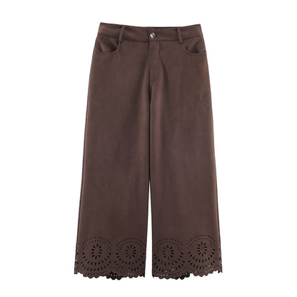 Die-Cut Hem Faux Suede Wide Leg Pants For Women Vintage Brown High Waist With Pockets Casual Loose Trousers