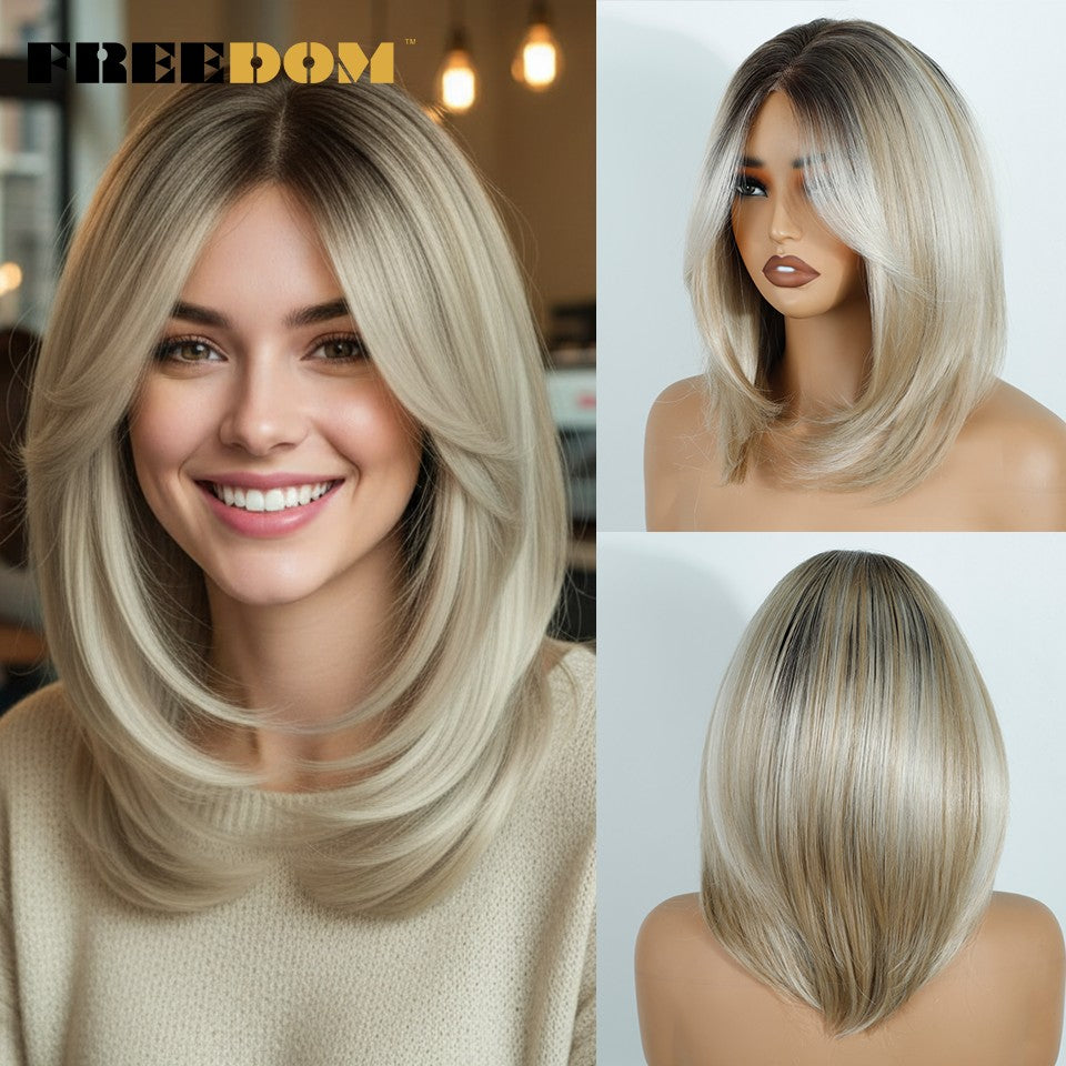 FREEDOM Perucas Sintéticas Front Lace para Mulheres 13x4 Pré-arrancadas Prontas Para Usar Peruca Curta Bob Com Franja Pré-cortada Ombre Blonde Lace Wigs