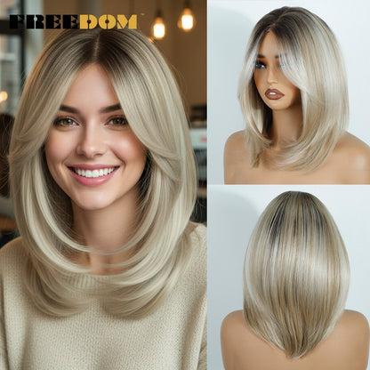 FREEDOM Perucas Sintéticas Front Lace para Mulheres 13x4 Pré-arrancadas Prontas Para Usar Peruca Curta Bob Com Franja Pré-cortada Ombre Blonde Lace Wigs