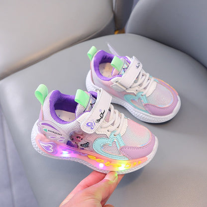 Disney Children Led Shoes Kids Girls Sneakers Frozen Elsa Princess Lighting Shoes Pink Purple Casual Sports Shoes Size 21-31