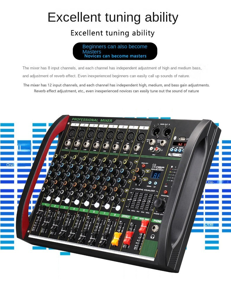 Mesa de som DSP de 4/8 canais com efeito de reverberação, profissional, Bluetooth, USB, áudio mixer balanceado para karaokê familiar, palco, KTV