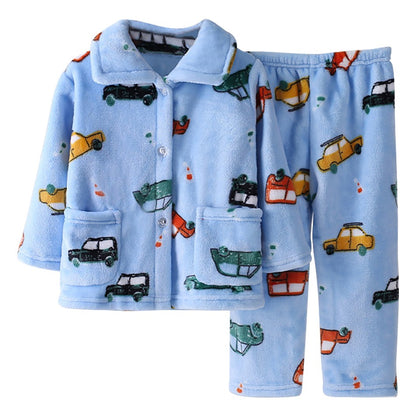 High Quality Coral Fleece Flannel Cute Cartoon Pattern Pajama Sets Boys and Girls Long Sleeve Warm Comfortable Winter Sleepwear