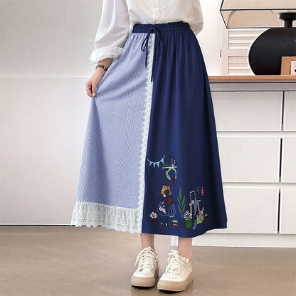 ZANZEA Plus Size Women Skirts Denin-Like Striped Patchwork Lace Trim Detail Lace-Up Elastic Waist A-Line Midi Skirt Casual Chic