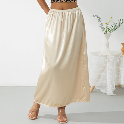 Elastic Waist Inner Lining Midi Skirt Women Solid Color Satin Half Slip Underskirt Long Underskirt for Ladies White/Black/Yellow