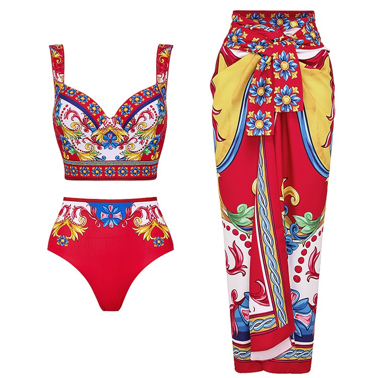 2024 Vintage Pattern Printed One Piece Swimsuit Swimwear Bikini Set Women Beachwear Clearance Wholesale