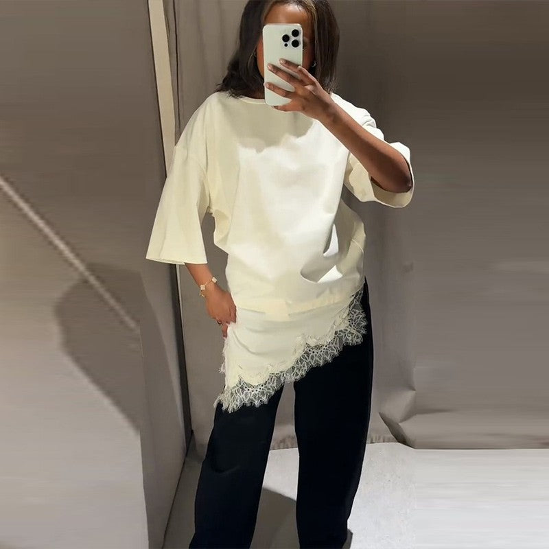 Fashion Lace Patchwork Mid Sleeve Tops for Women Elegant O Neck Loose Female T-shirt Spring New Lady Solid Shirts High Street