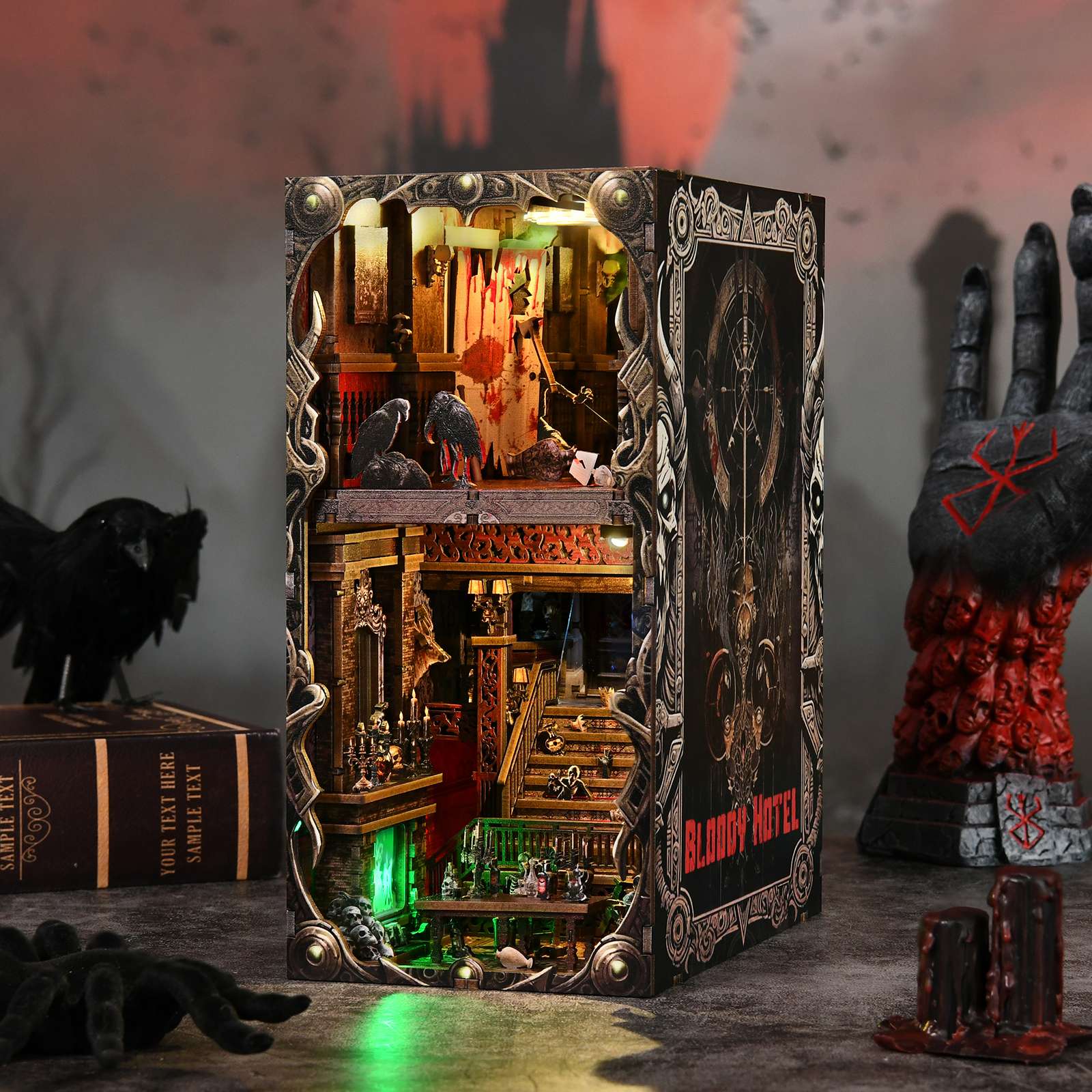 DIY Book Nook Kit Hotel of Terror Wooden Bookshop Dollhouse with Light Dynamic Video Bookshelf Insert 3D Puzzle Decor for Gift