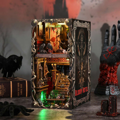 DIY Book Nook Kit Hotel of Terror Wooden Bookshop Dollhouse with Light Dynamic Video Bookshelf Insert 3D Puzzle Decor for Gift