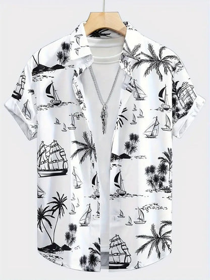 Summer Men's Shirt Coconut Tree 3D Print Casual Short Sleeve Lapel Tops Beach Casual Hawaiian Shirt Men Oversized Shirts For Men