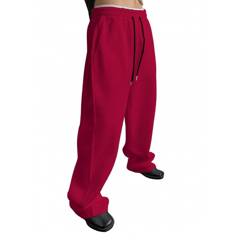 Men's Solid Color Sanitary Pants 2025 Drawstring Waist Straight Wide Leg Loose Fit with Pockets Versatile Sports Trousers